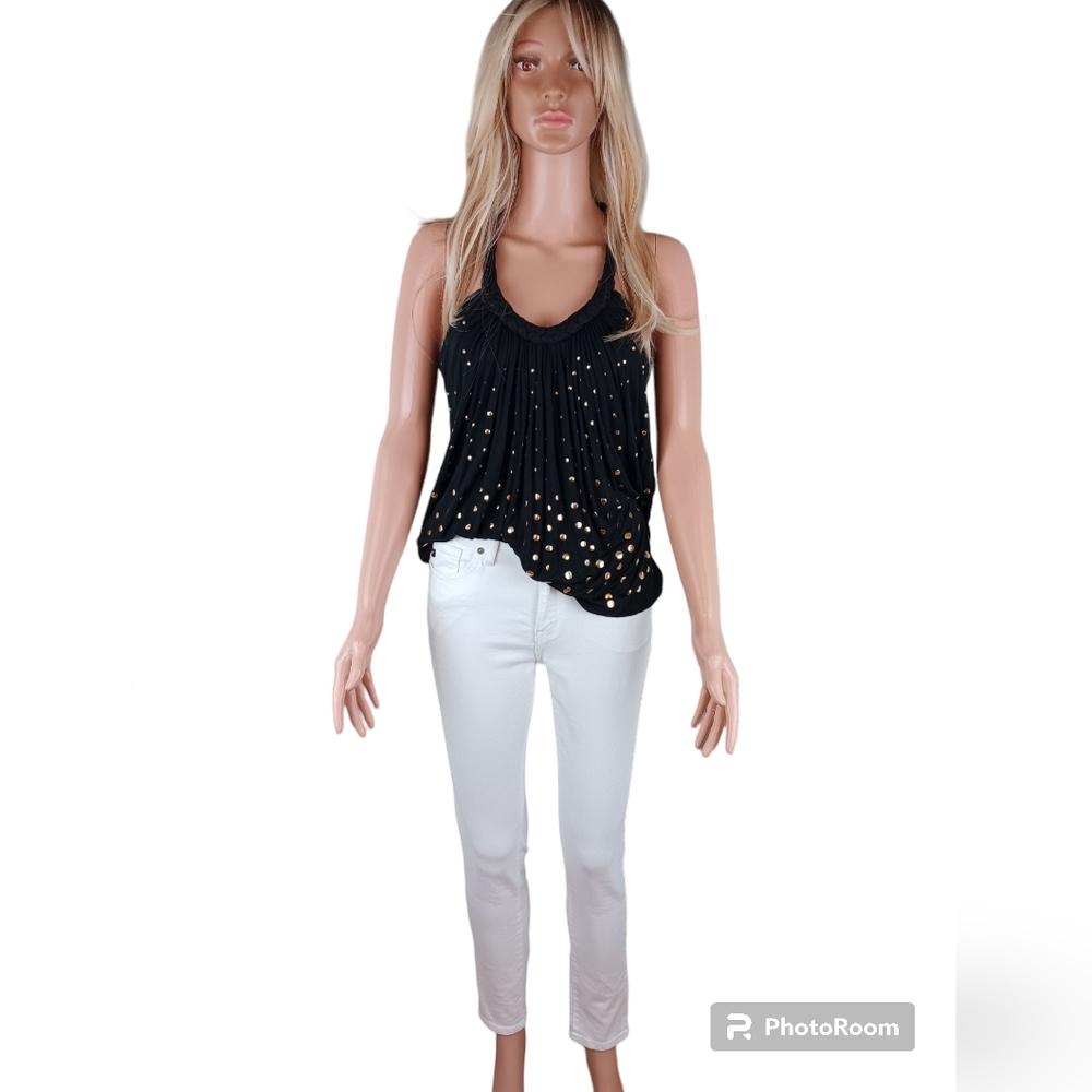 Venus, black, T-back, gold stud design shirt